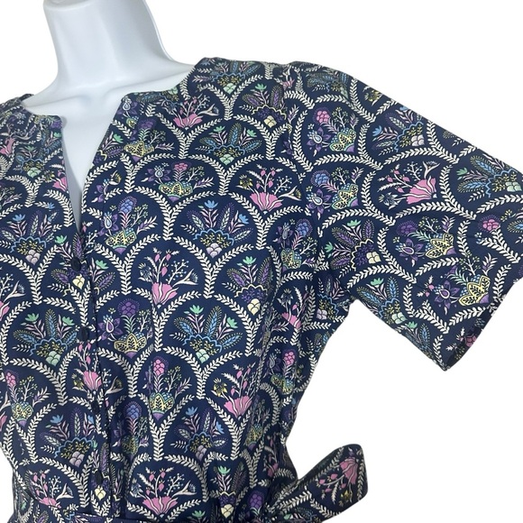 Talbots Poplin Belted Shirt Dress Short Sleeve Scalloped Floral Multi Size Large - Picture 6 of 12